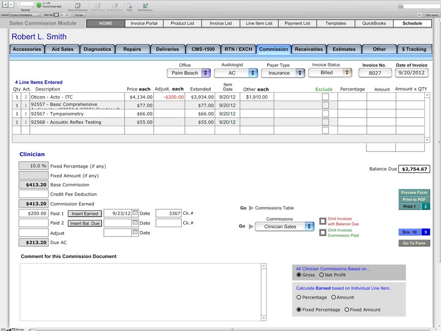 Commissions Screen - Financial and Billing